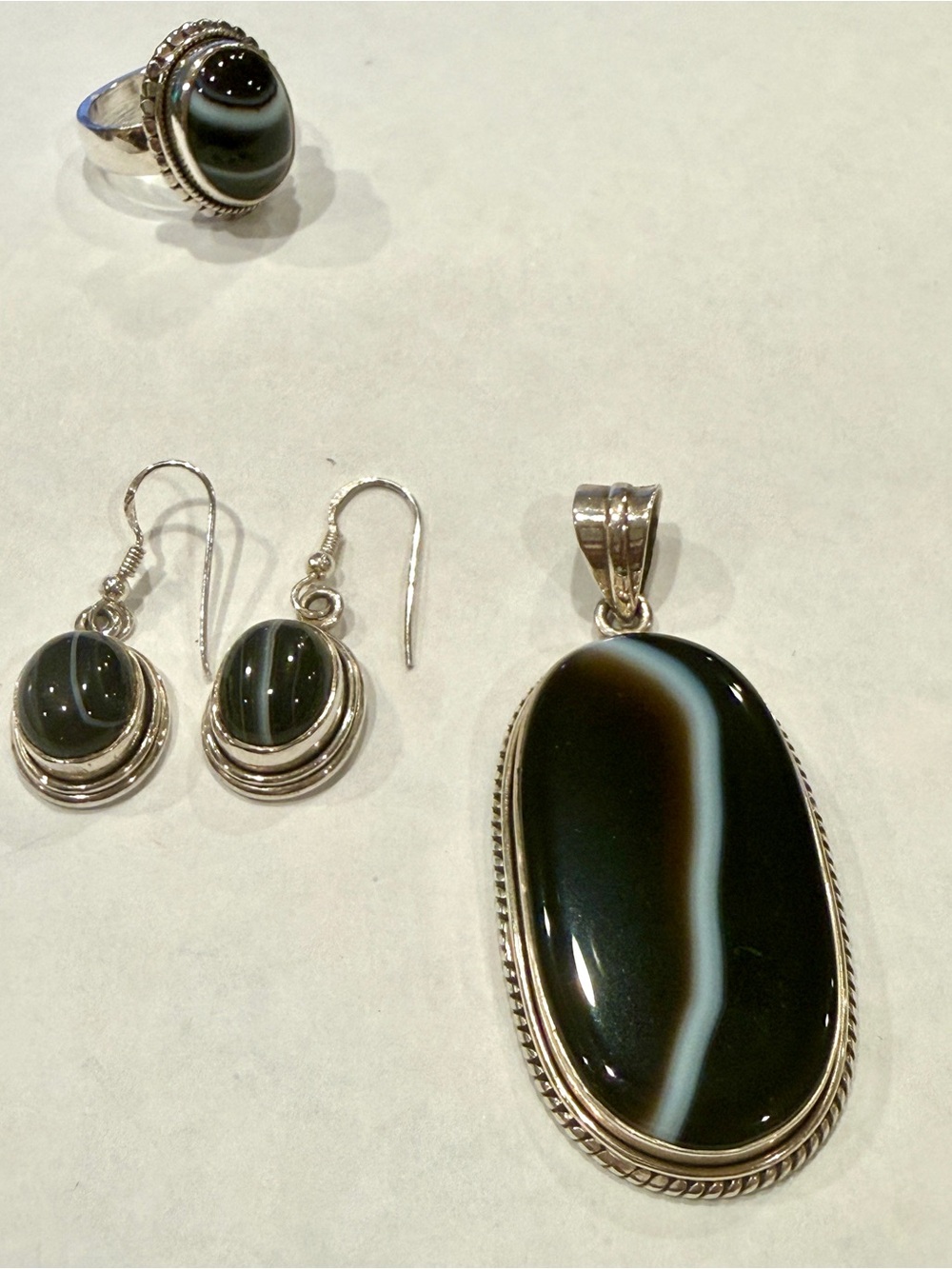 Black & White Banded Agate Pendant and Ring Set (please read description)